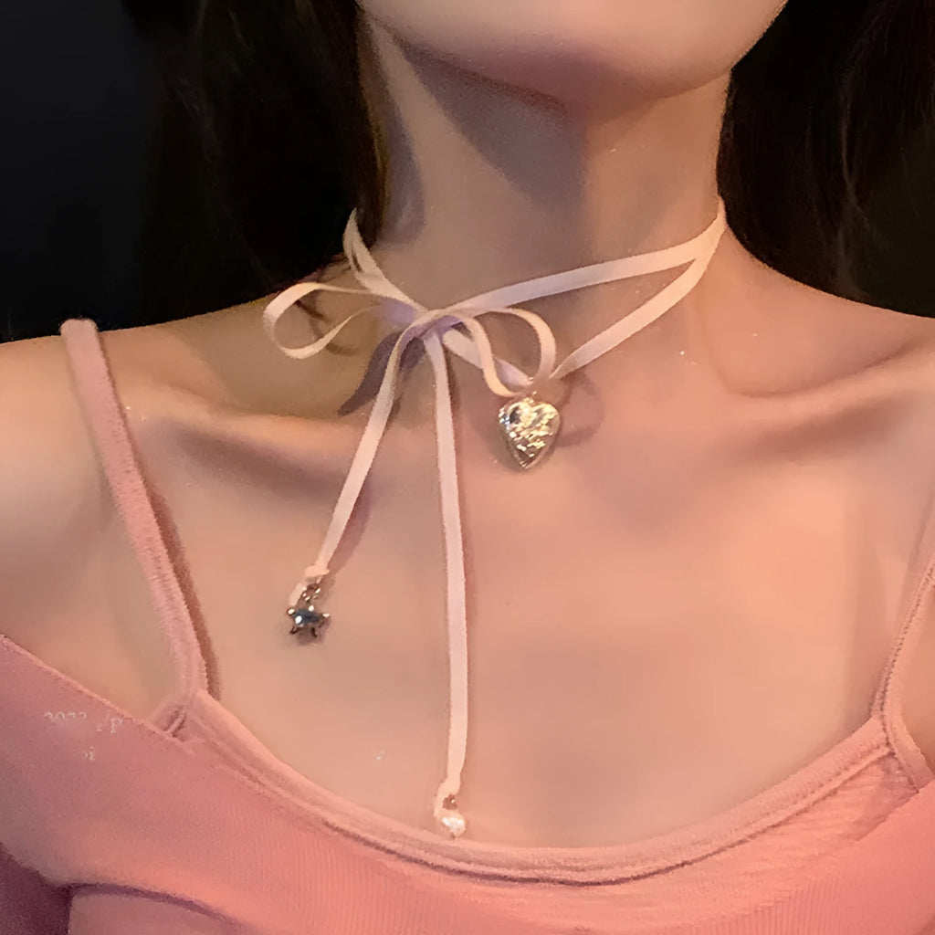 Women's alloy fashion necklace with love pendant on ribbon-style clavicle chain