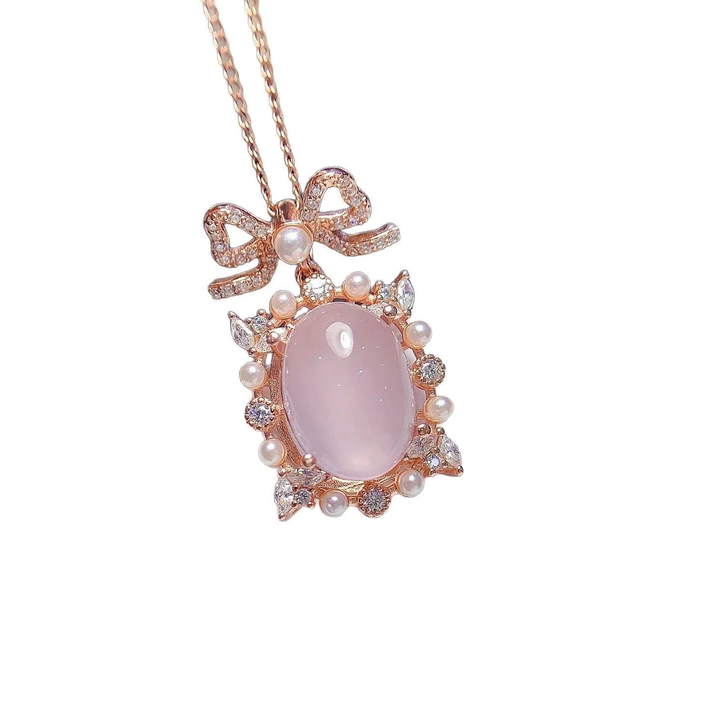 Natural rose quartz geometric pendant on 925 silver chain with rose gold plating