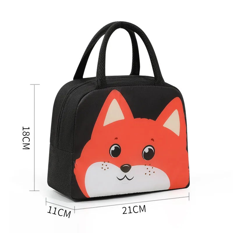 Cartoon insulated lunch box bag in Oxford cloth with aluminium foil insulation.