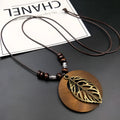 Wooden leaf ethnic necklace on wax cord chain with adjustable 51-80cm length