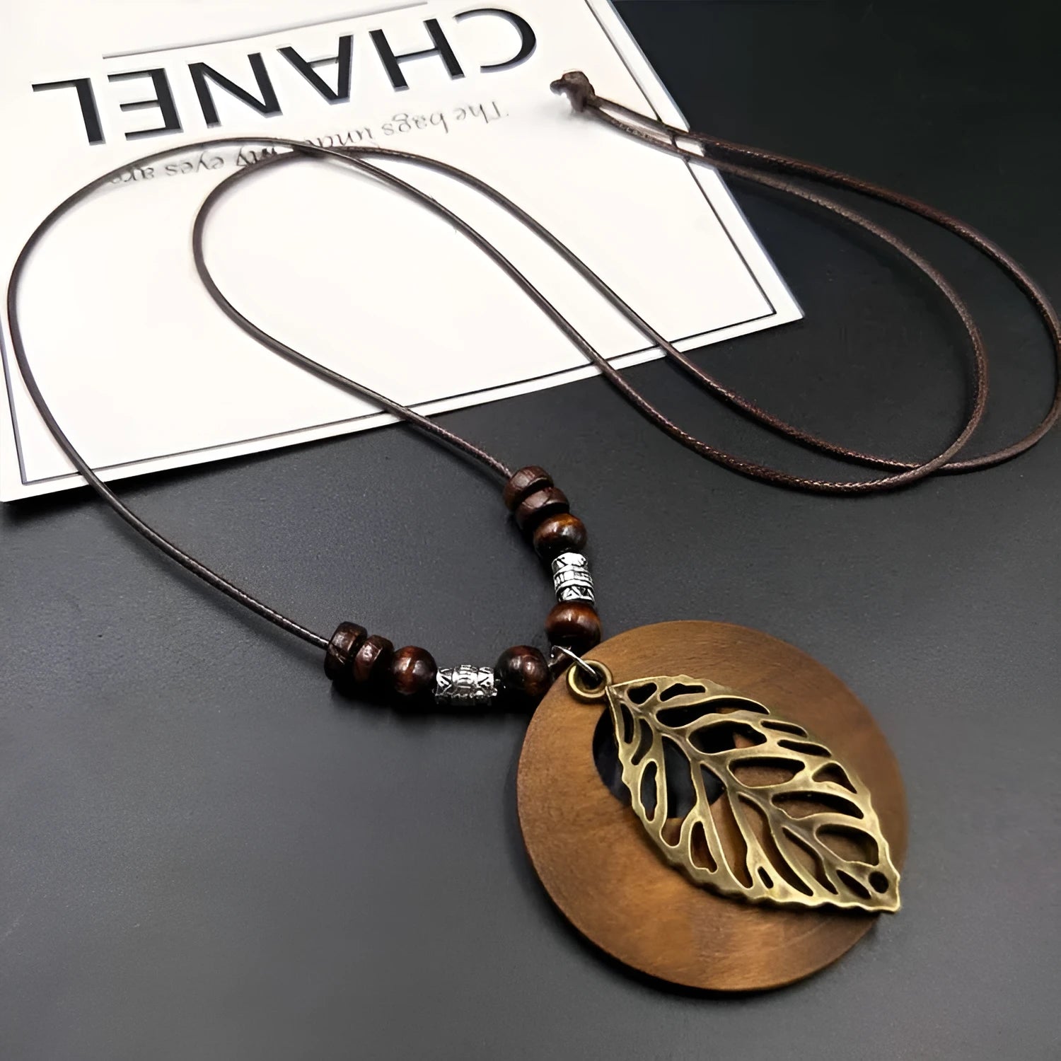Wooden leaf ethnic necklace on wax cord chain with adjustable 51-80cm length