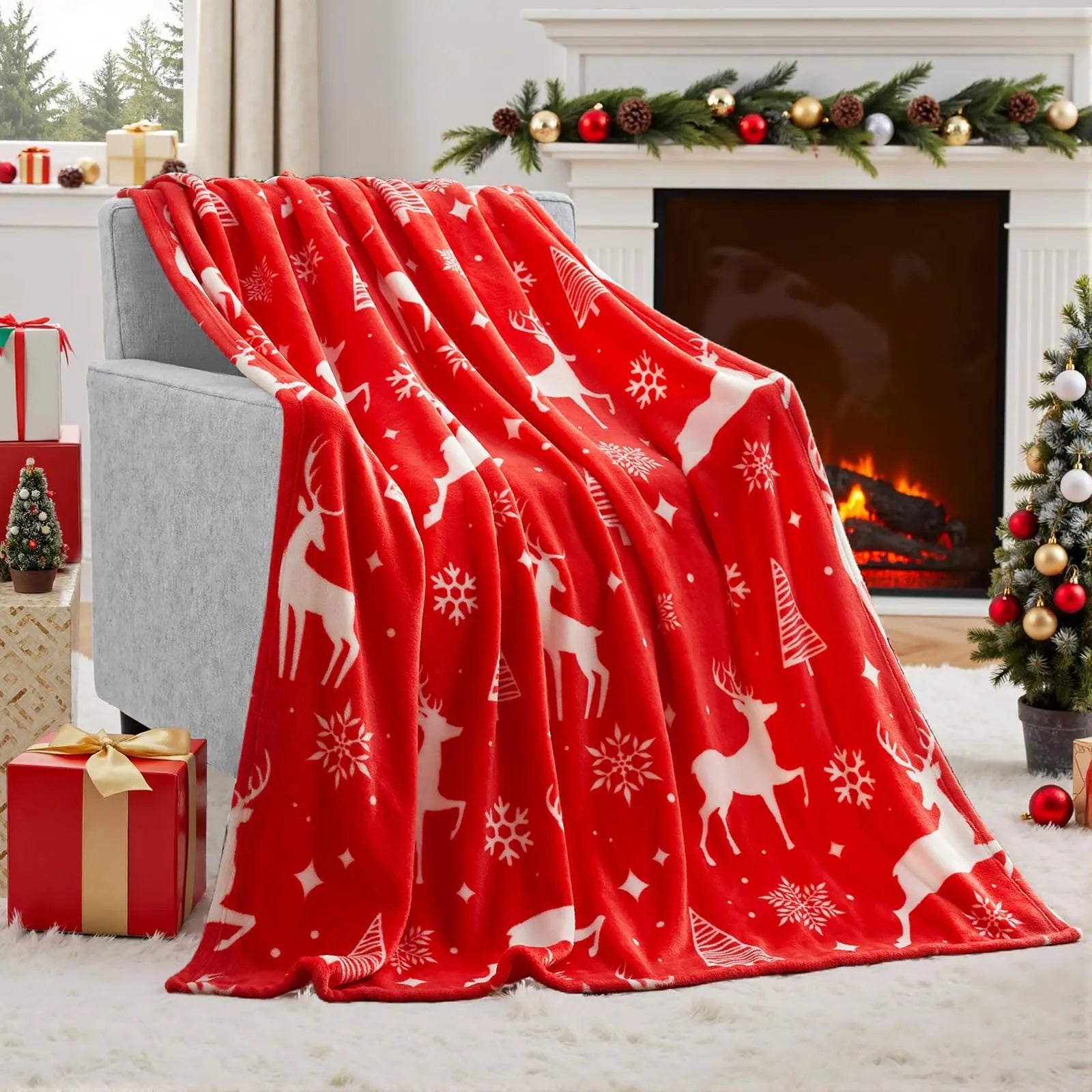 Soft red flannel Christmas blanket draped over a sofa, showing its plush texture and generous size.