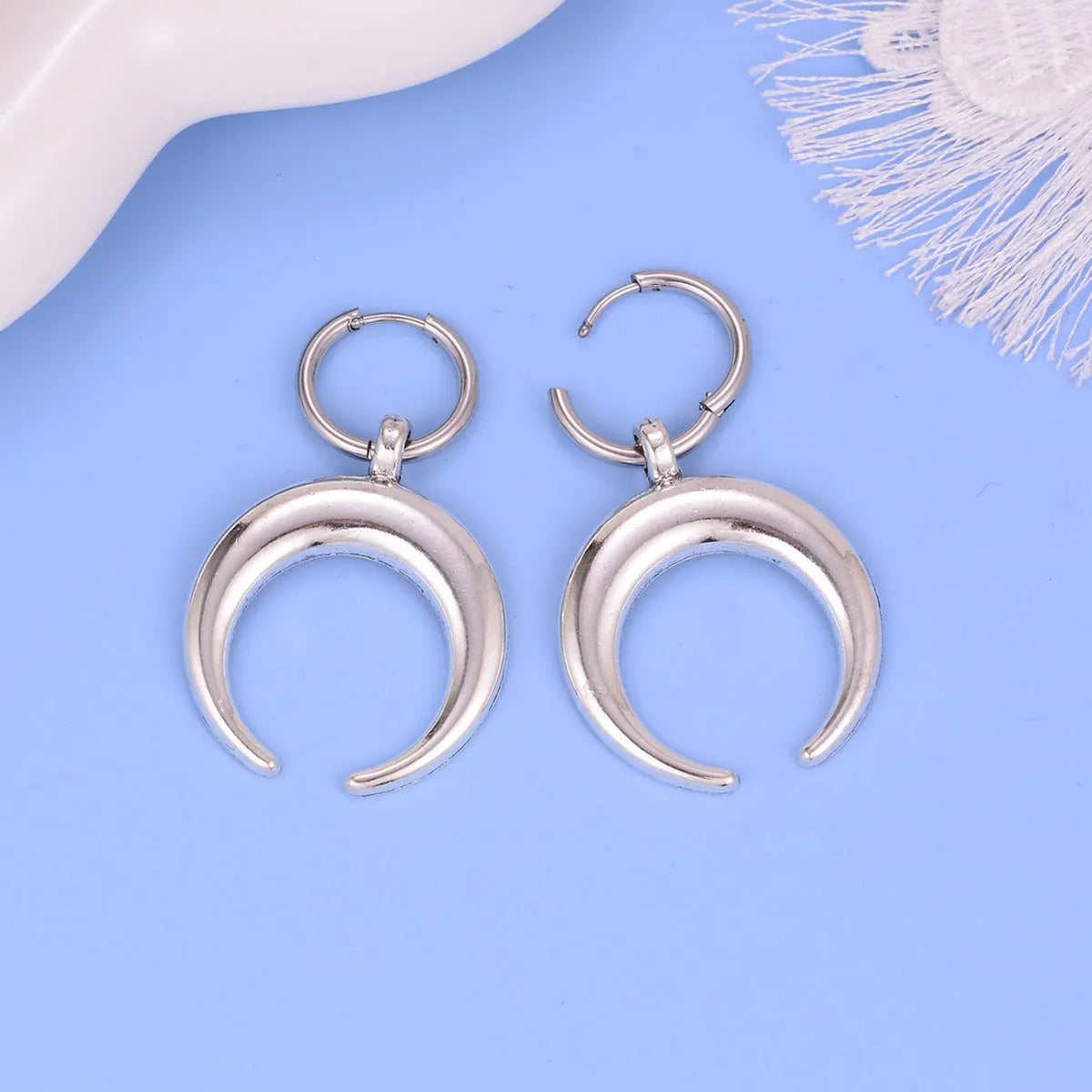 Silver Gothic moon geometric hoop earrings with punk styling