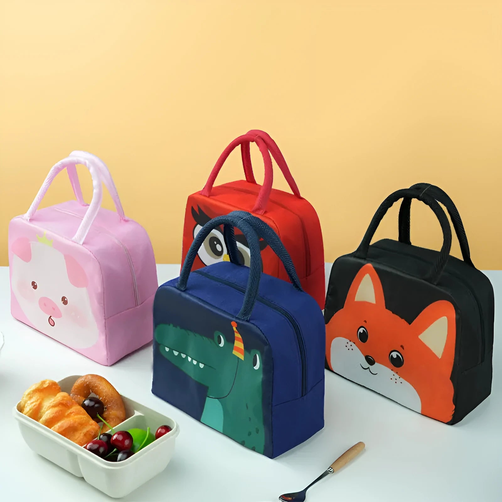 Cartoon insulated lunch box bag in Oxford cloth with aluminium foil insulation.