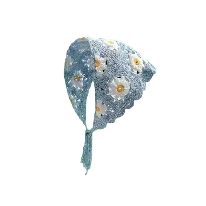Women's cotton triangular headscarf with floral pattern in French retro style showing beanie cap design