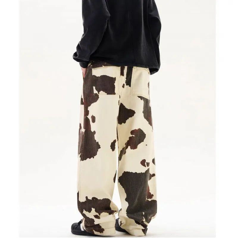 Men's straight-leg trousers with American retro cows pattern in cotton-polyester blend fabric