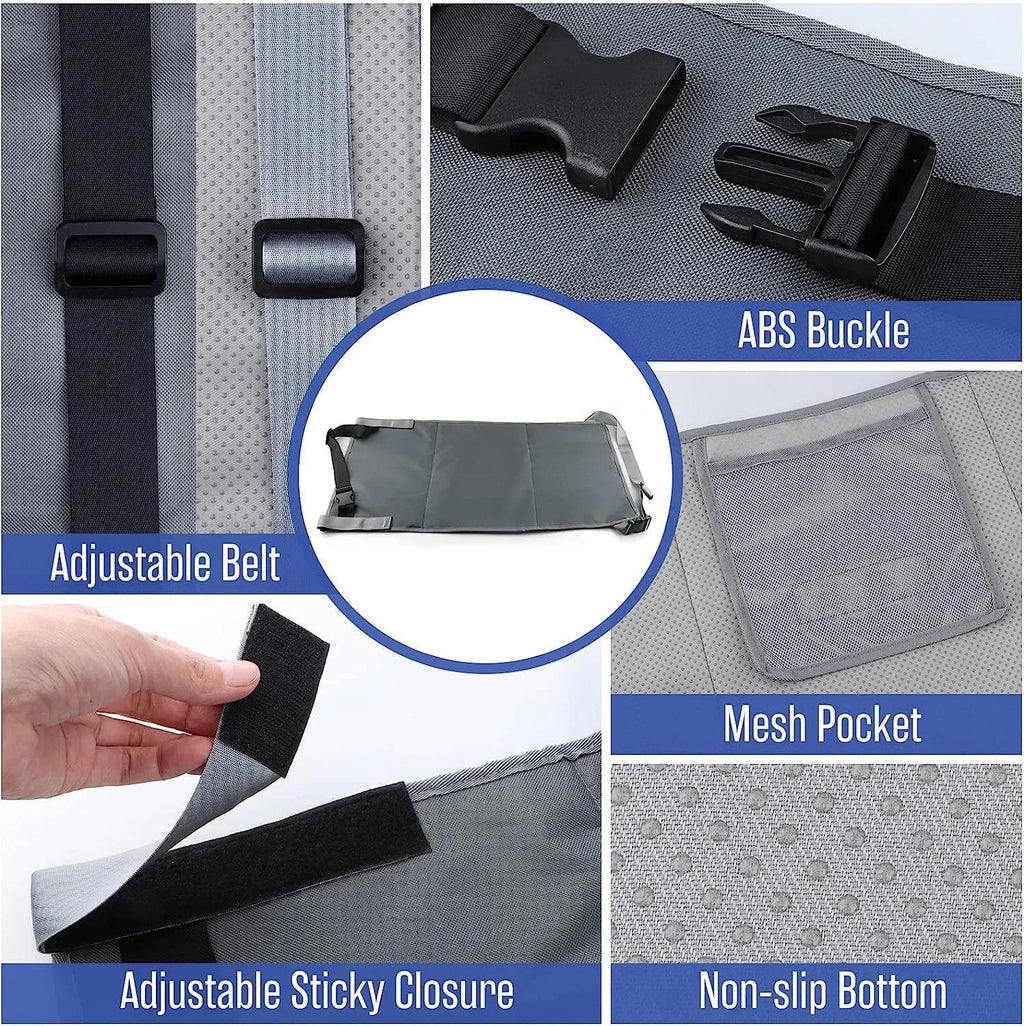 Portable blue children's aircraft pedal seat extender with drawstring pocket