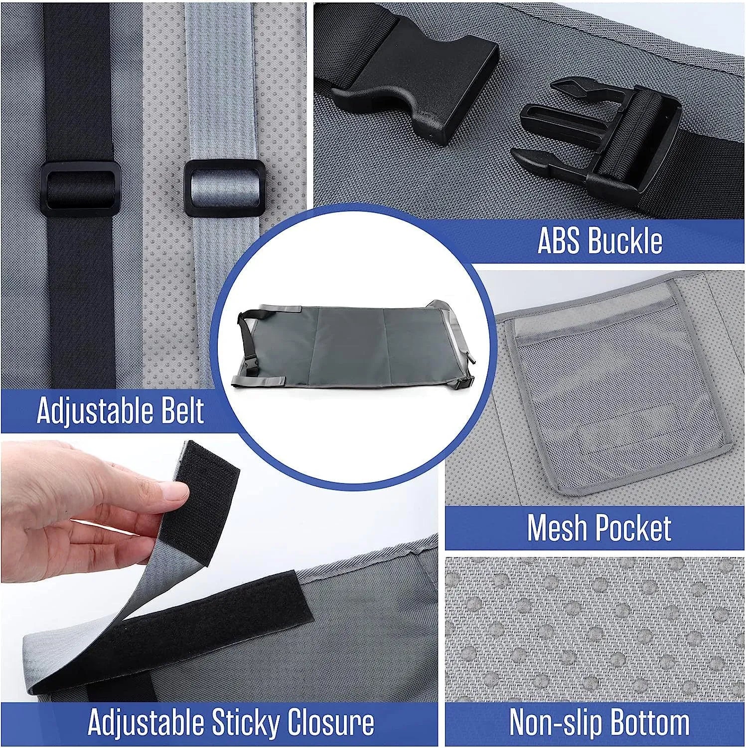 Portable blue children's aircraft pedal seat extender with drawstring pocket