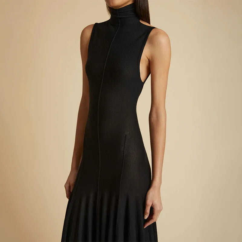 Grey cotton women's dress with half-turtleneck neckline and backless design