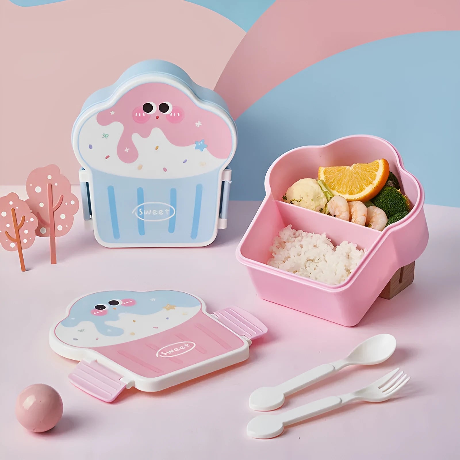 Pink and blue ice cream shaped plastic lunch box with compartment design, spoon and fork set