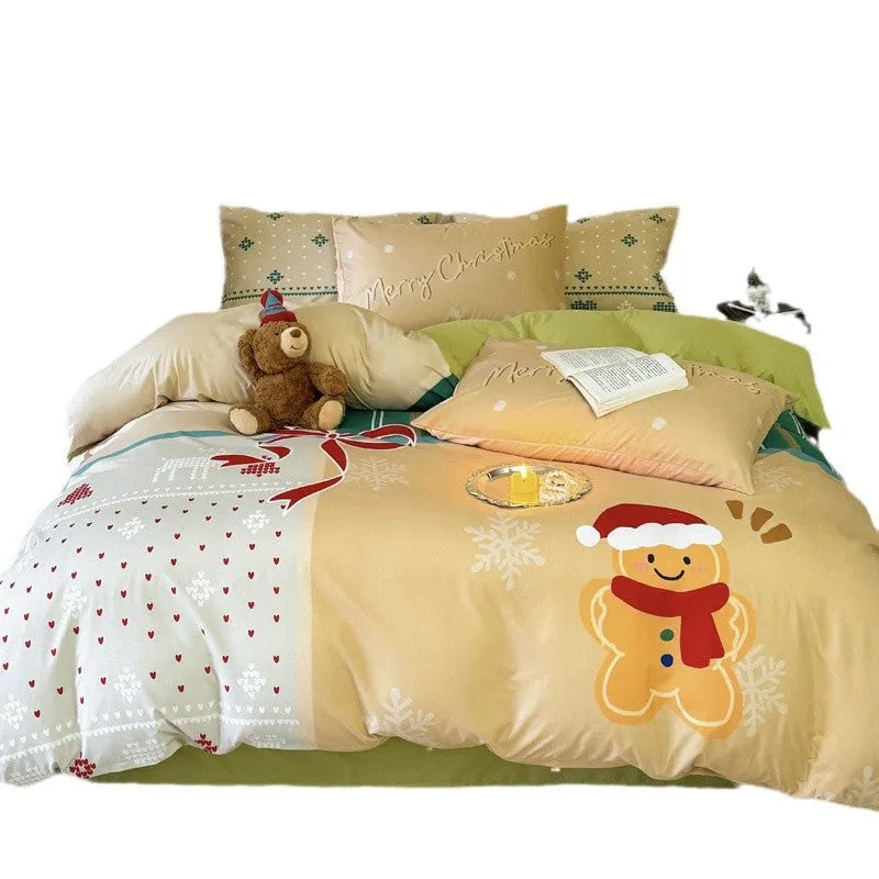 Christmas cartoon print four-piece bedding set with super soft washed cotton material