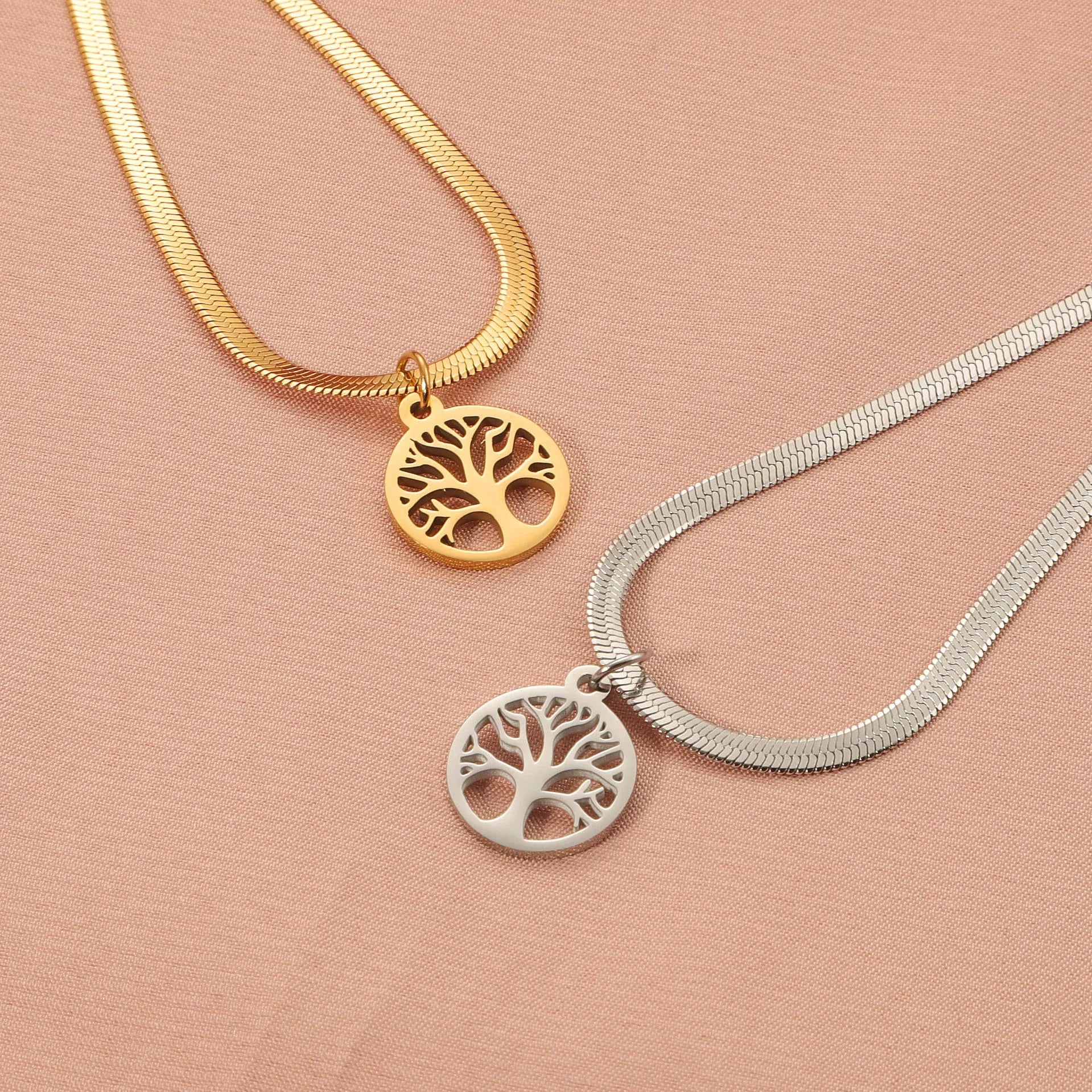 Stainless steel lucky tree necklace on adjustable snake bone chain with titanium steel pendant