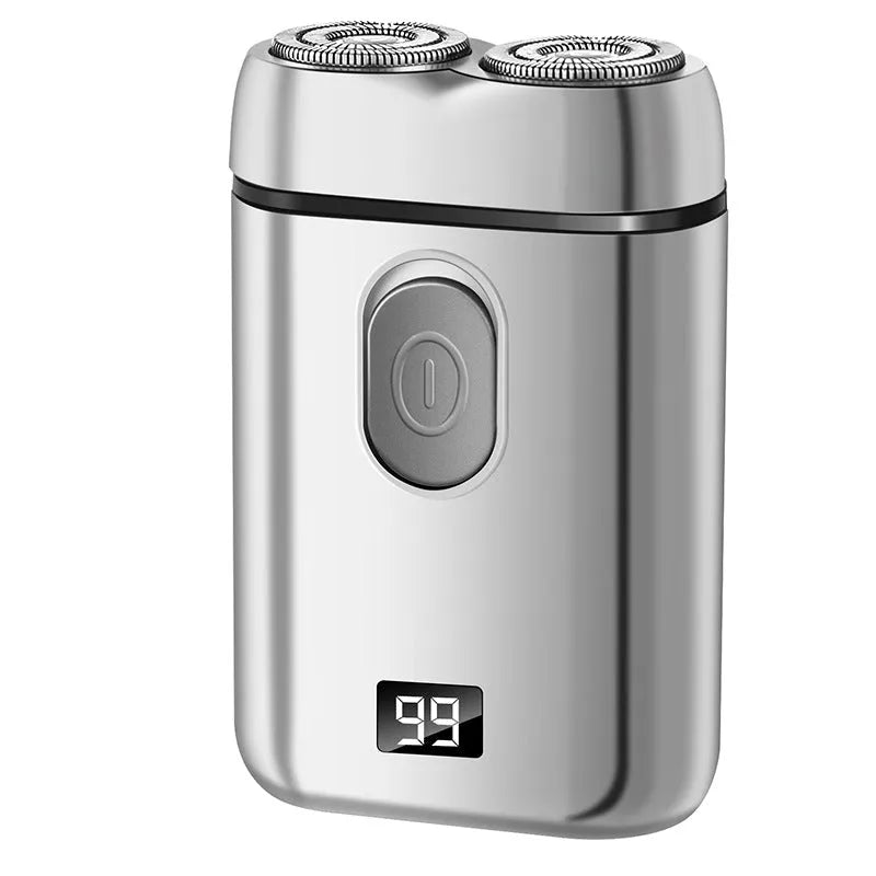 Rechargeable electric shaver in black, LCD black, or silver finishes showing its floating cutter head and LED display.