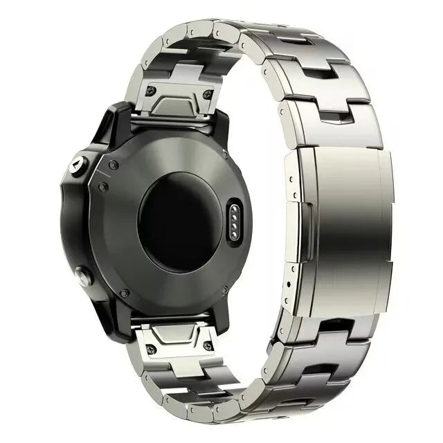 Replacement strap for Garmin Fenix watches in silver, black and titanium colours with 22mm and 26mm width options