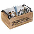 Wooden kitchen storage box with internal grid dividers for organising cutlery and utensils.