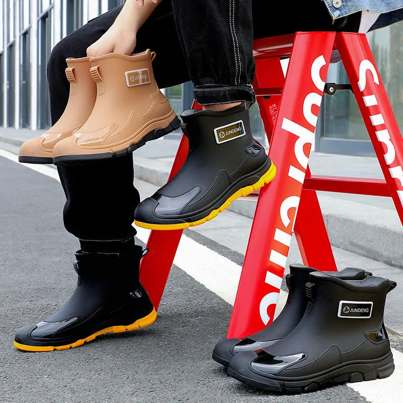 Men's waterproof PVC wading boots black flat heel low tube rubber shoes non-slip sole