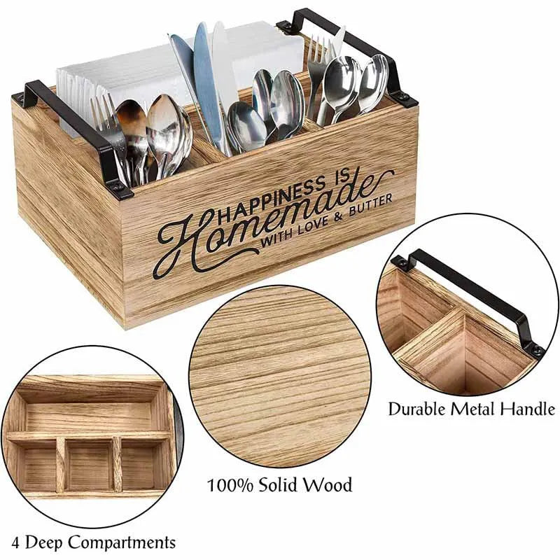 Wooden kitchen storage box with internal grid dividers for organising cutlery and utensils.
