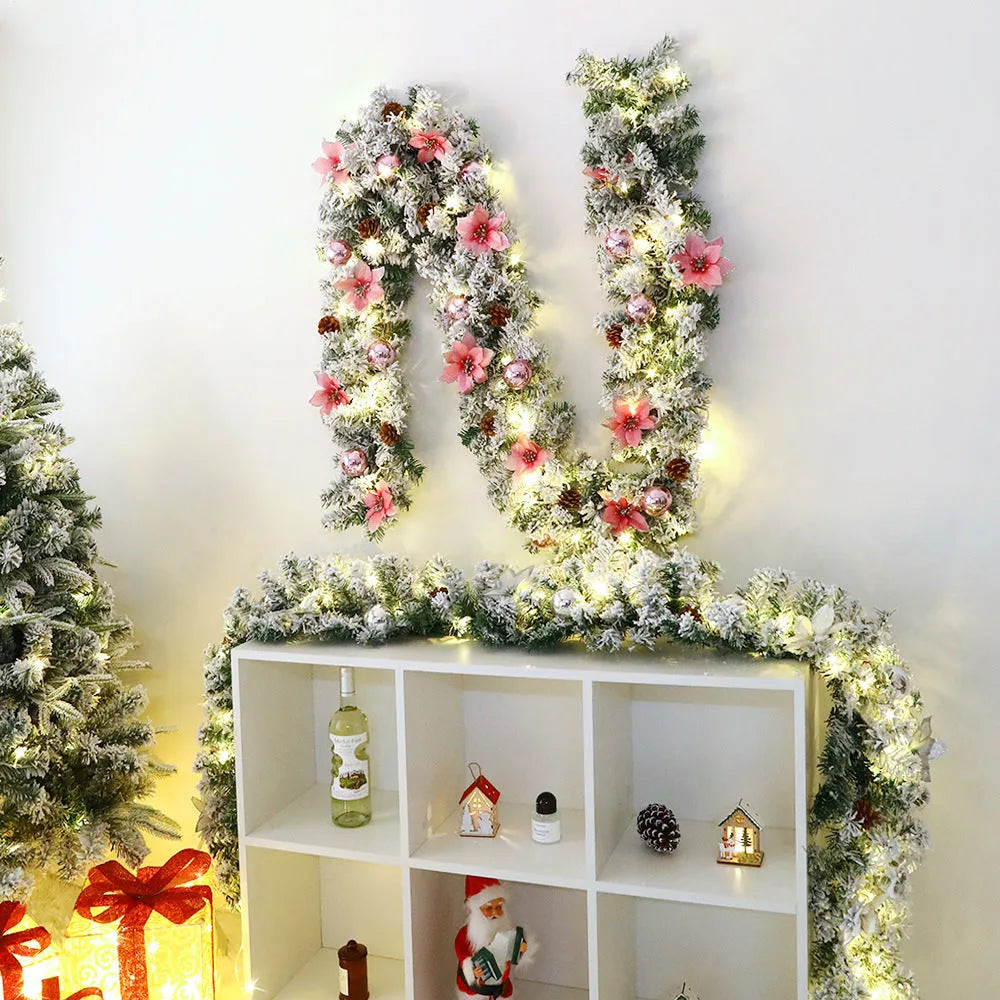 240cm long Christmas rattan garland with white flocking in a choice of five festive colours