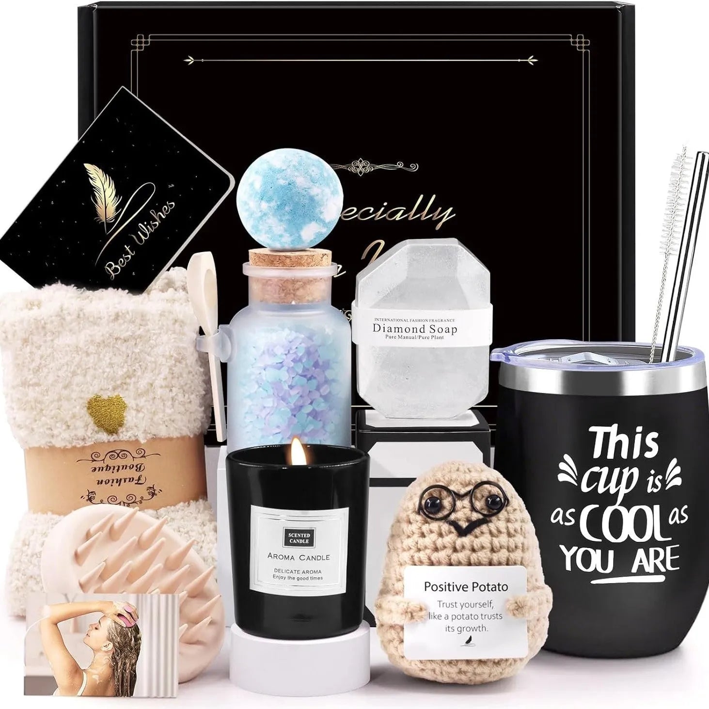 Aromatherapy candle bath gift box with soy wax candles and bubble bath products in modern simplicity design