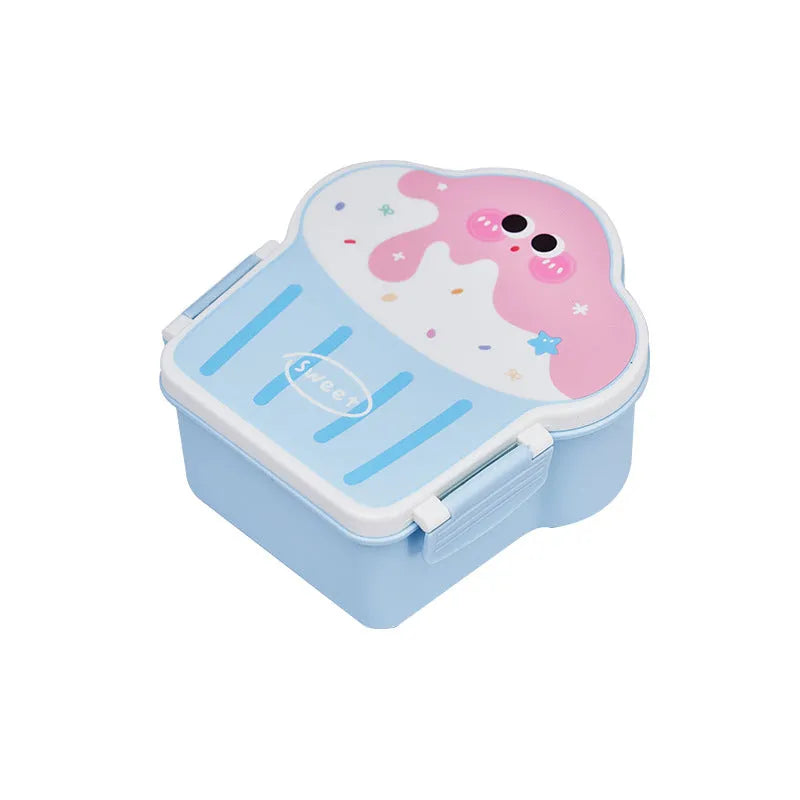Pink and blue ice cream shaped plastic lunch box with compartment design, spoon and fork set