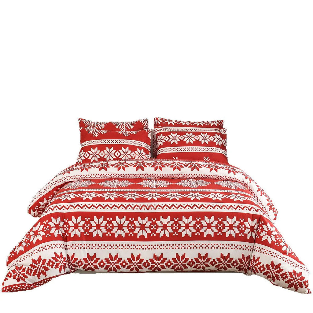 Red Winter Sleepers bed three-piece set with Christmas Love Song pattern on a bed