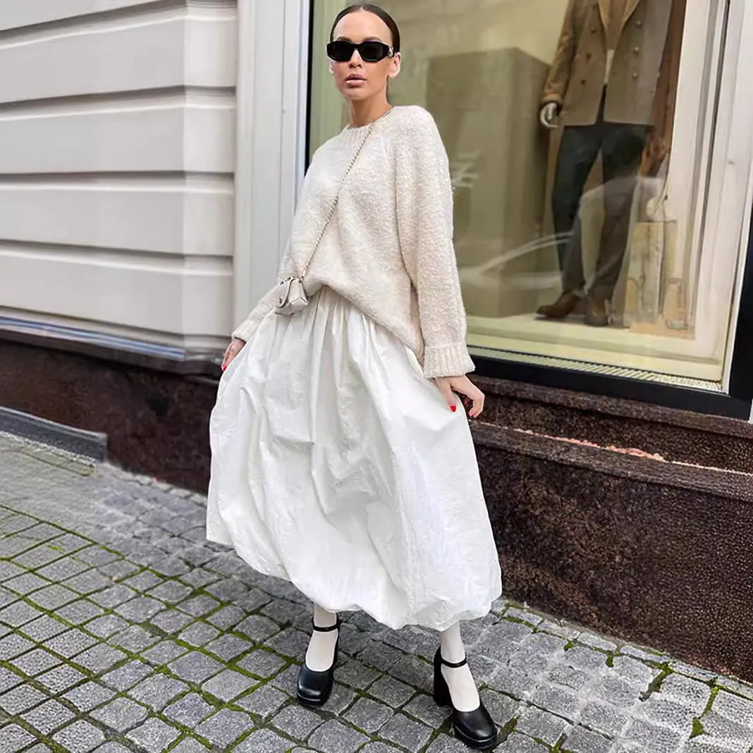 Women's long cotton skirt in black or white with elastic waistband