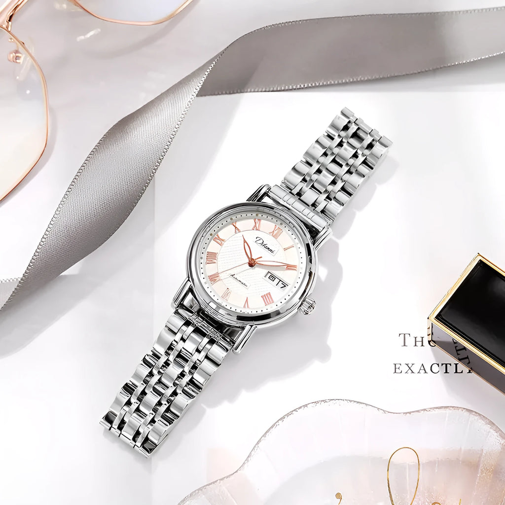 6023B automatic women's mechanical watch with steel belt or leather strap options in various colours