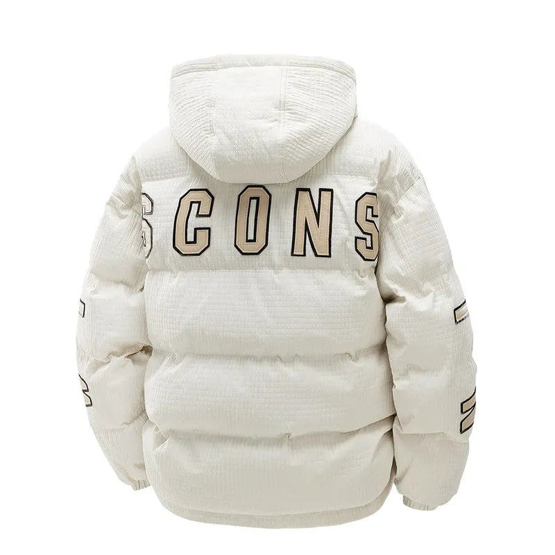 Men's black Korean-style cotton-padded winter coat with a hood, zip front, side pockets, and a white letter print on the chest.