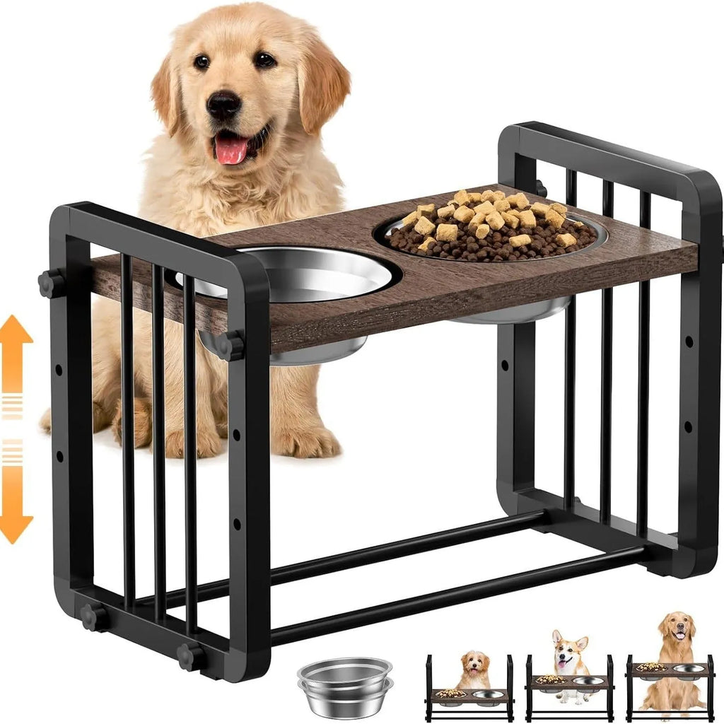 Black wooden dog bowl stand measuring 37 by 23 centimetres with non-slip surface