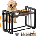 Black wooden dog bowl stand measuring 37 by 23 centimetres with non-slip surface