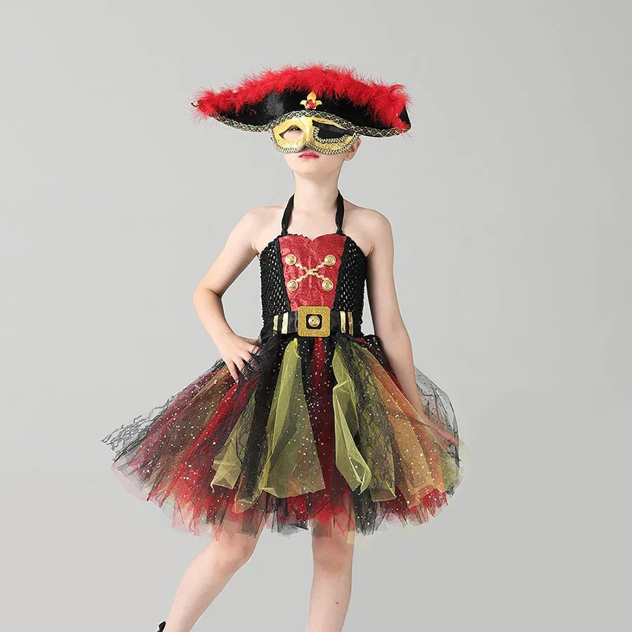 Girls sleeveless pirate costume dress with sequins and mesh gauze, includes optional eye mask.