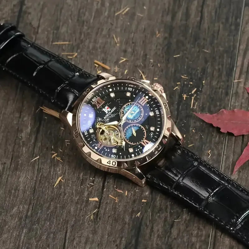 Men's automatic mechanical watch with black rose gold case, hollow dial showing movement, leather strap