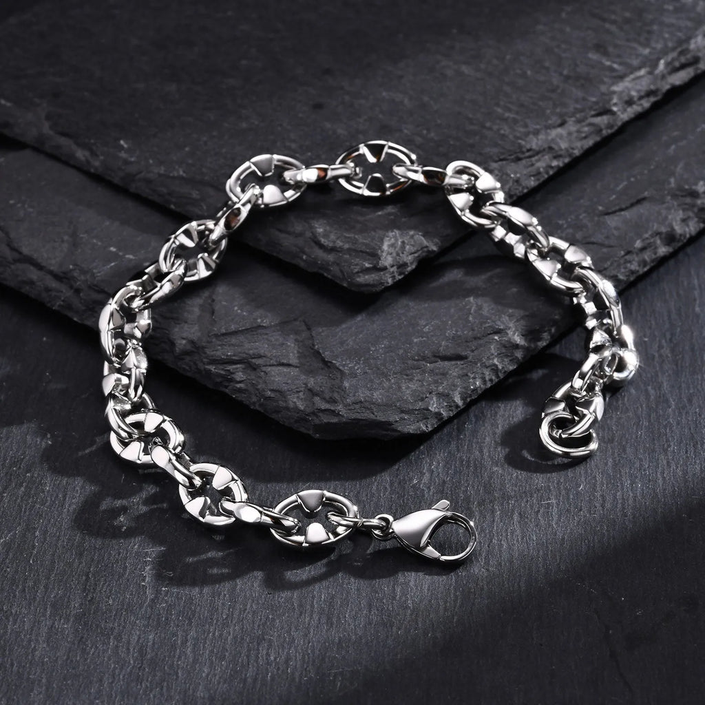 Handmade thick geometric chain bracelet in stainless steel for men, unisex design.
