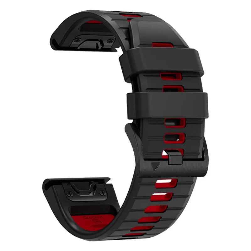 Two-tone quick release silicone strap for Garmin Fenix watch next to a watch case.