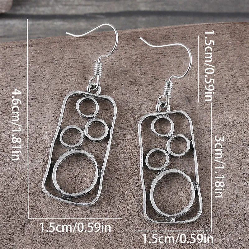 Geometric round earrings with irregular square design in antique silver zinc alloy