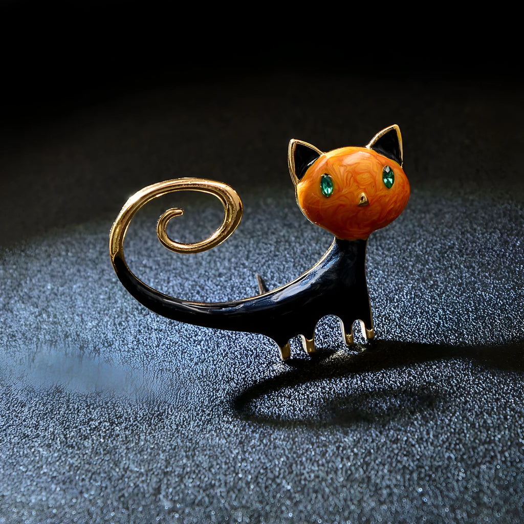 Personalised painted tail-up cat brooch in alloy metal with orange and white colour options