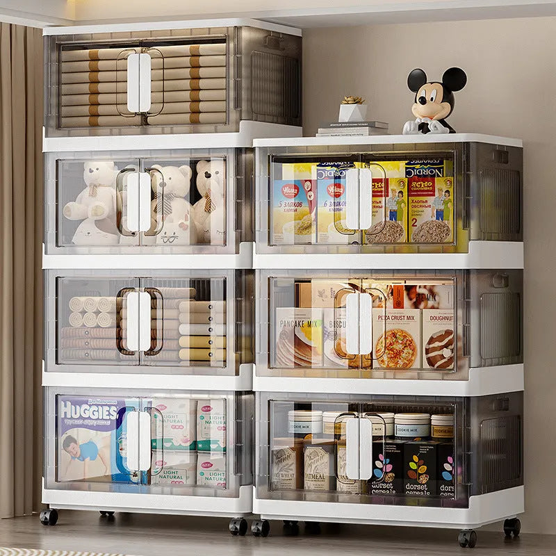 Foldable household storage locker with wheels in grey colour showing multiple storage layers