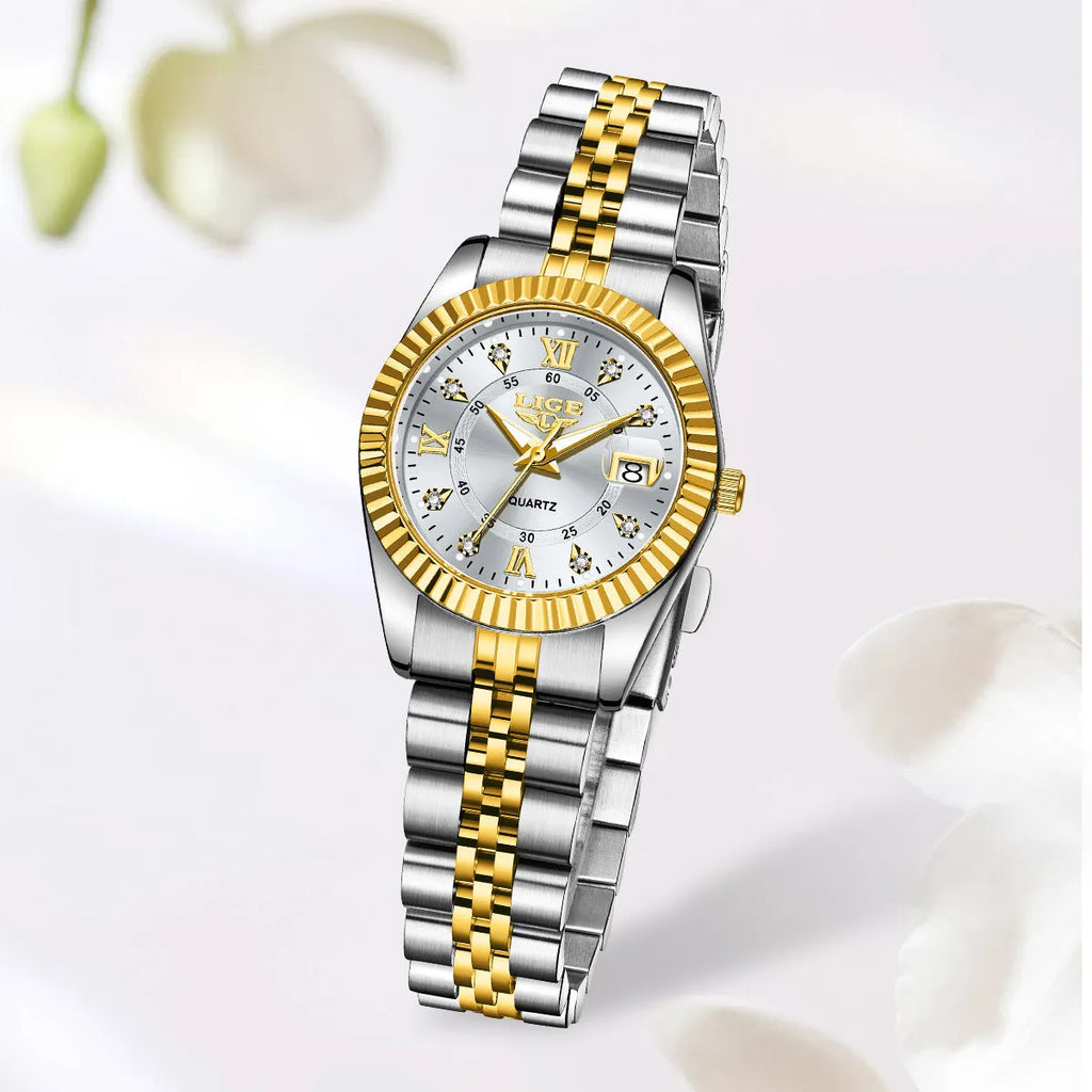 Waterproof quartz fashion watch with 10mm thickness in gold and silver colour options