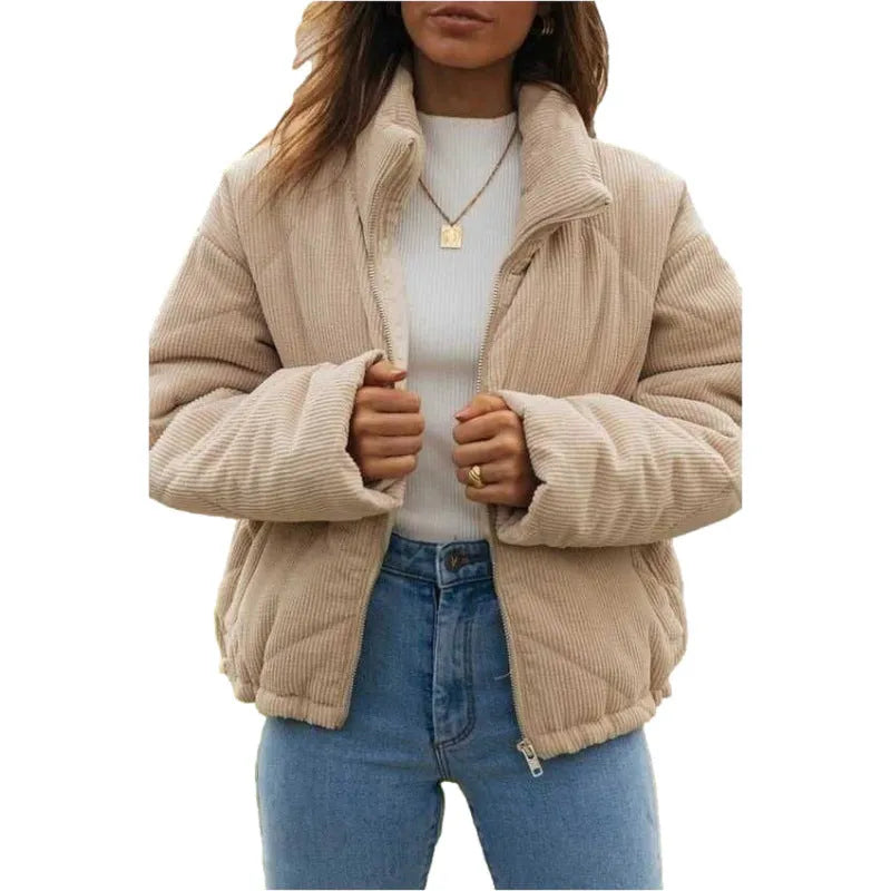 Apricot women's corduroy wadded jacket with stand collar and zip front closure