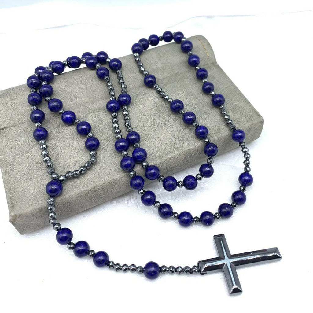 Men's stone cross pendant necklace with ball bead chain and safety lock clasp in geometric design.