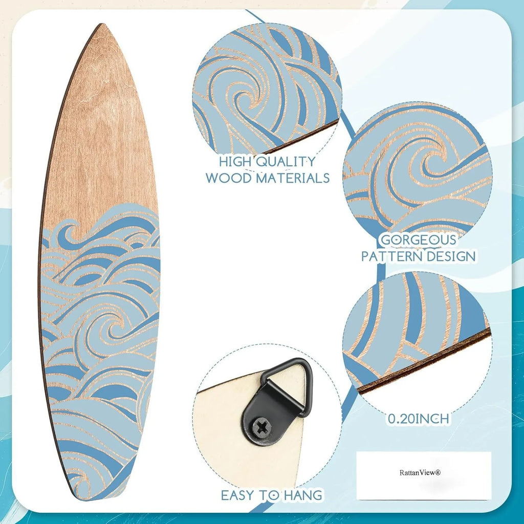 Set of three wooden surfboard-shaped wall decorations on a light background.