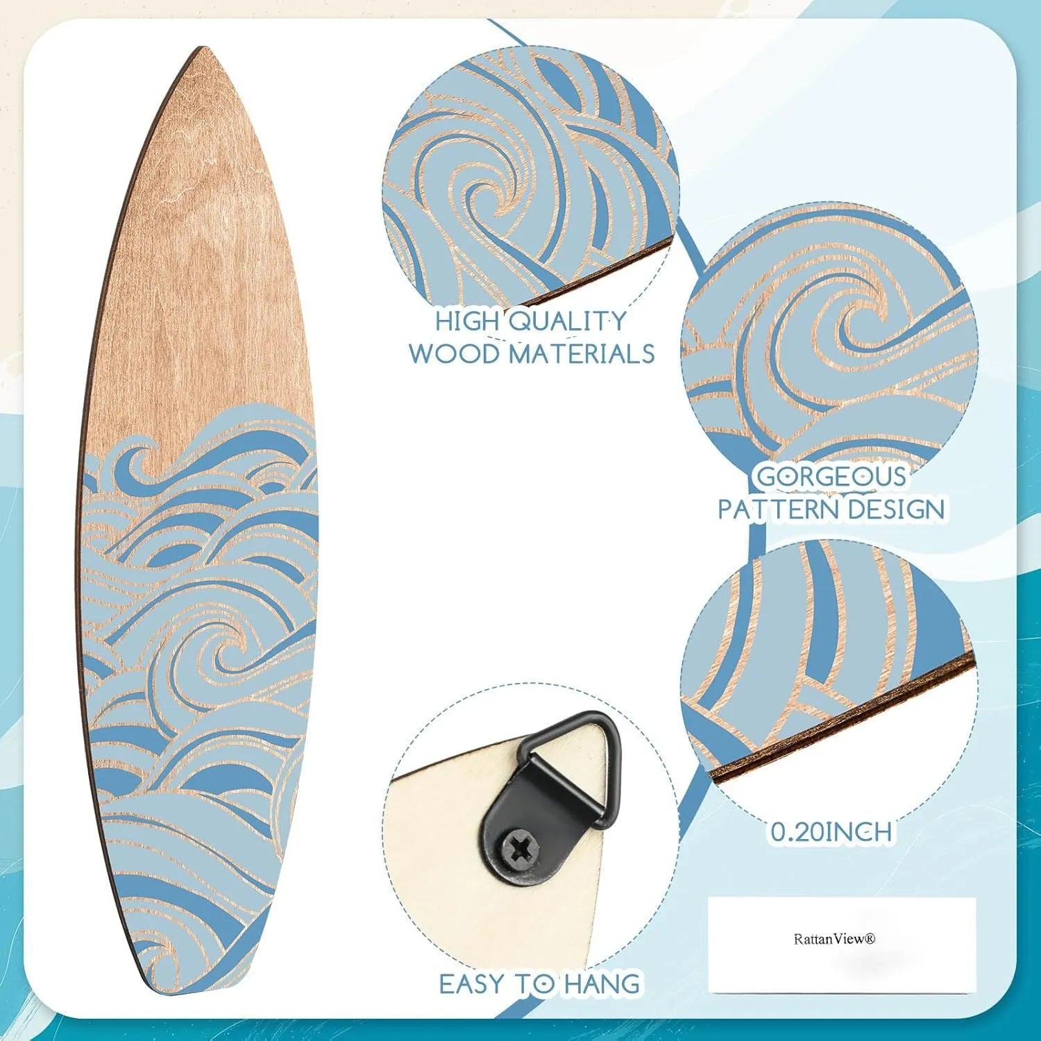 Set of three wooden surfboard-shaped wall decorations on a light background.