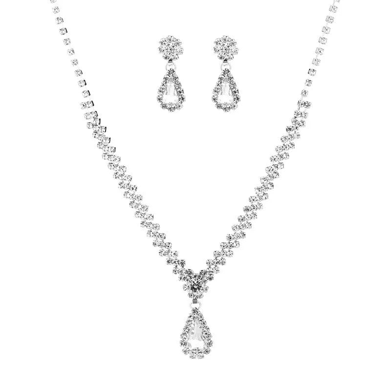 Claw chain necklace and earrings set with water drop rhinestones in blue colour