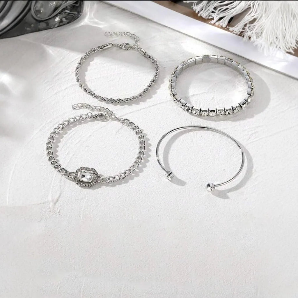 Women's retro geometric alloy bracelet four-piece set with square diamond links and metal chain construction