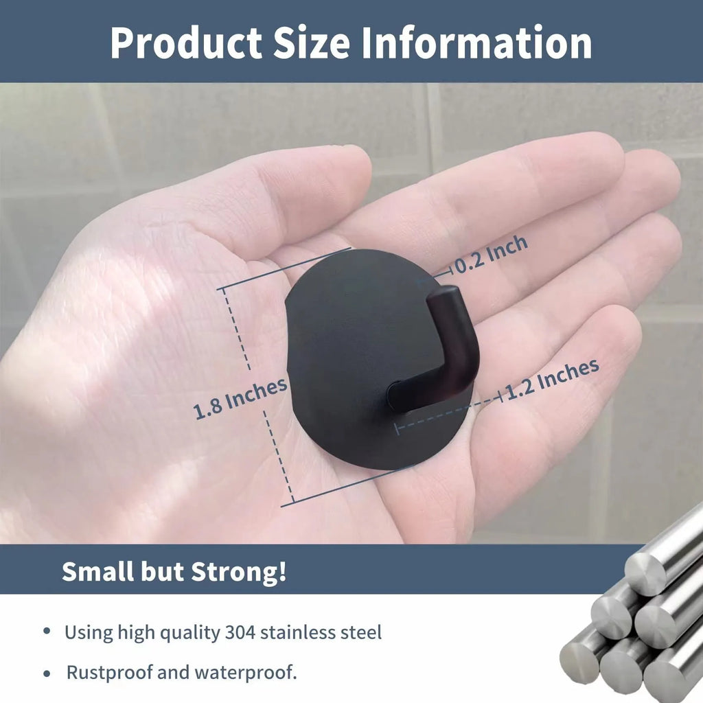 Stainless steel self-adhesive round hook in black or polished finish for bathroom or kitchen.