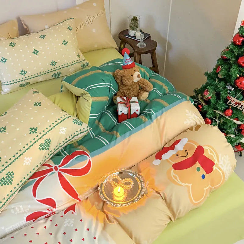 Christmas cartoon print four-piece bedding set with super soft washed cotton material