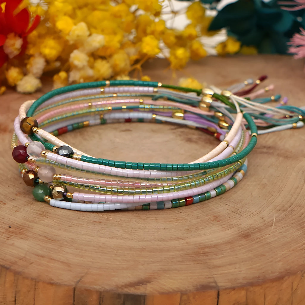 Handmade colourful beaded bracelet with semi-precious stones in bohemian geometric design.
