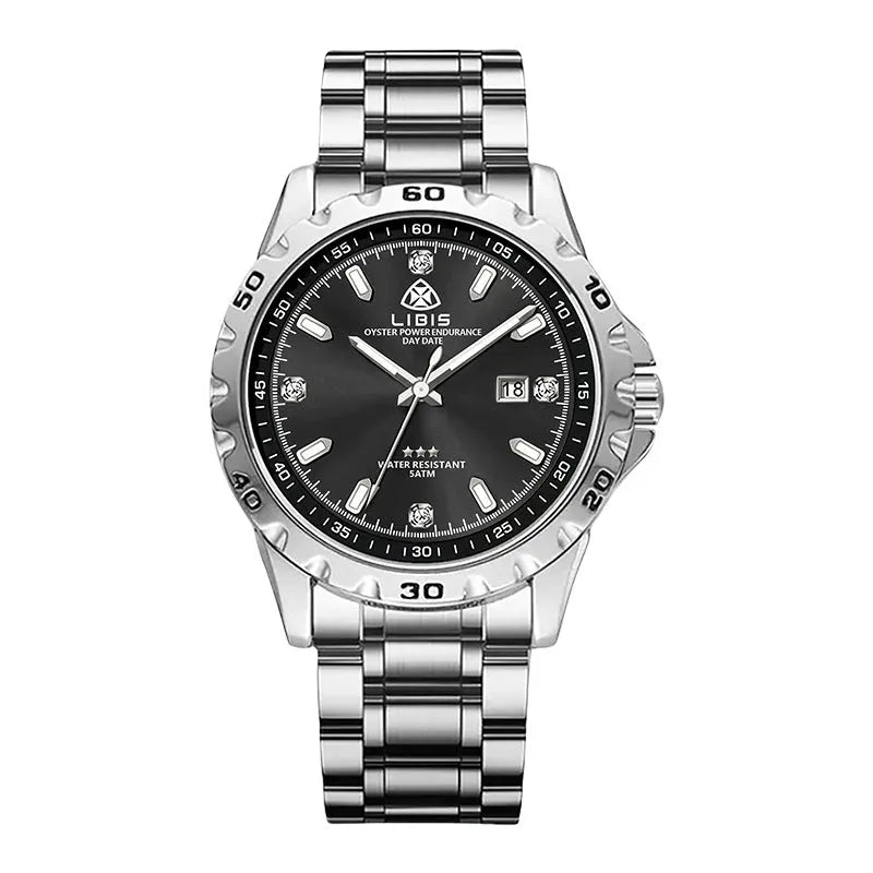 Men's silver case business watch with stainless steel strap and luminous quartz movement