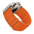 Elastic nylon watchband with stainless steel buckle for Apple Watch in various colours including black, ruby, and army green.