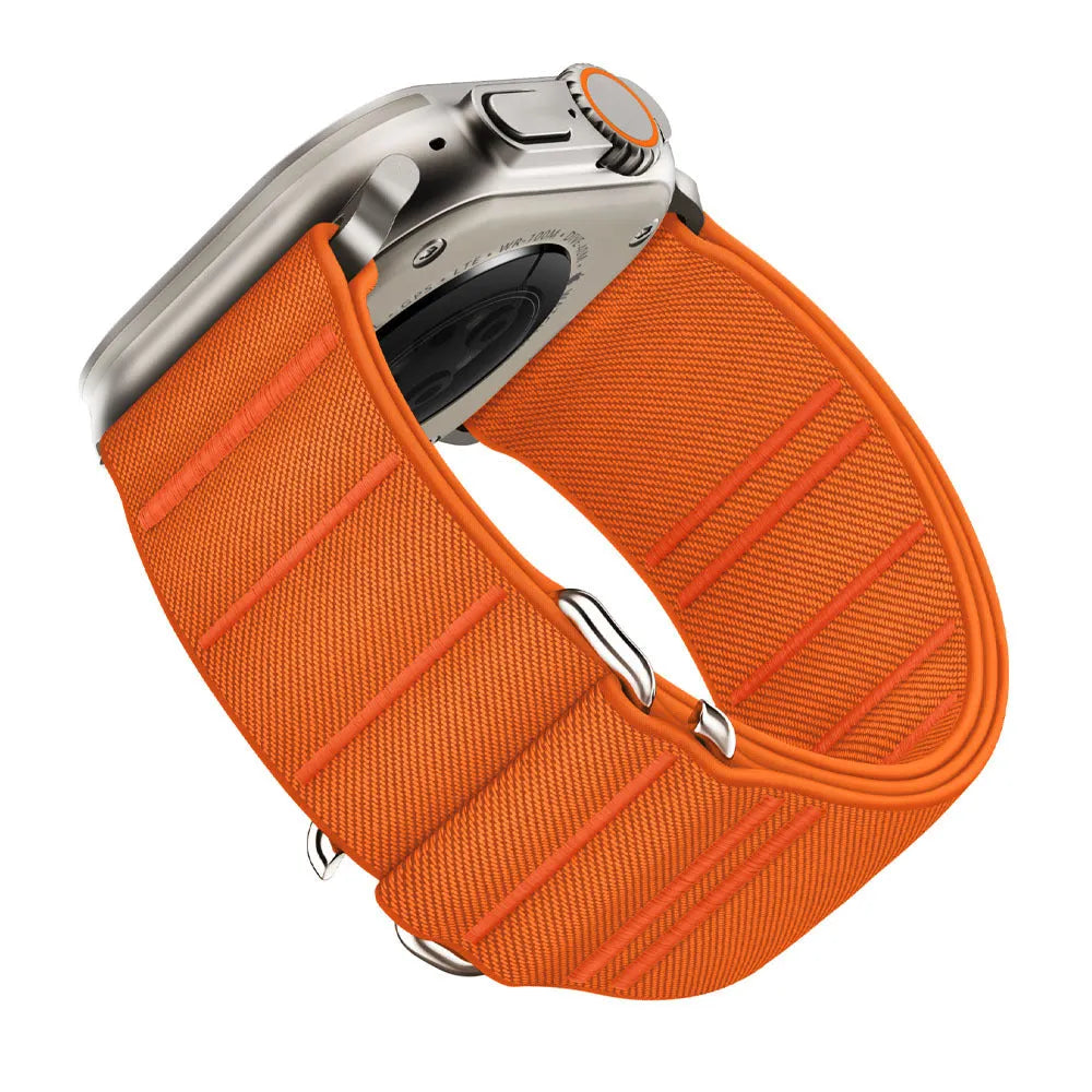 Elastic nylon watchband with stainless steel buckle for Apple Watch in various colours including black, ruby, and army green.